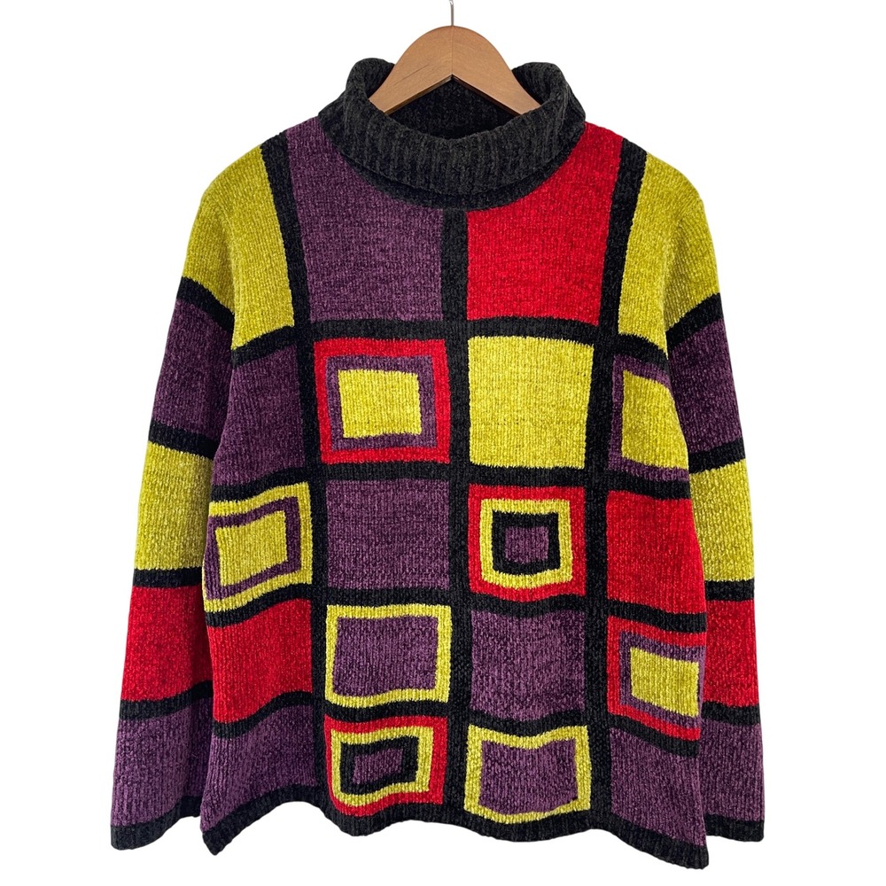 VTG 80s Denim & Co Turtleneck Sweater L Chenille Geo Colorblock Eclectic Artsy